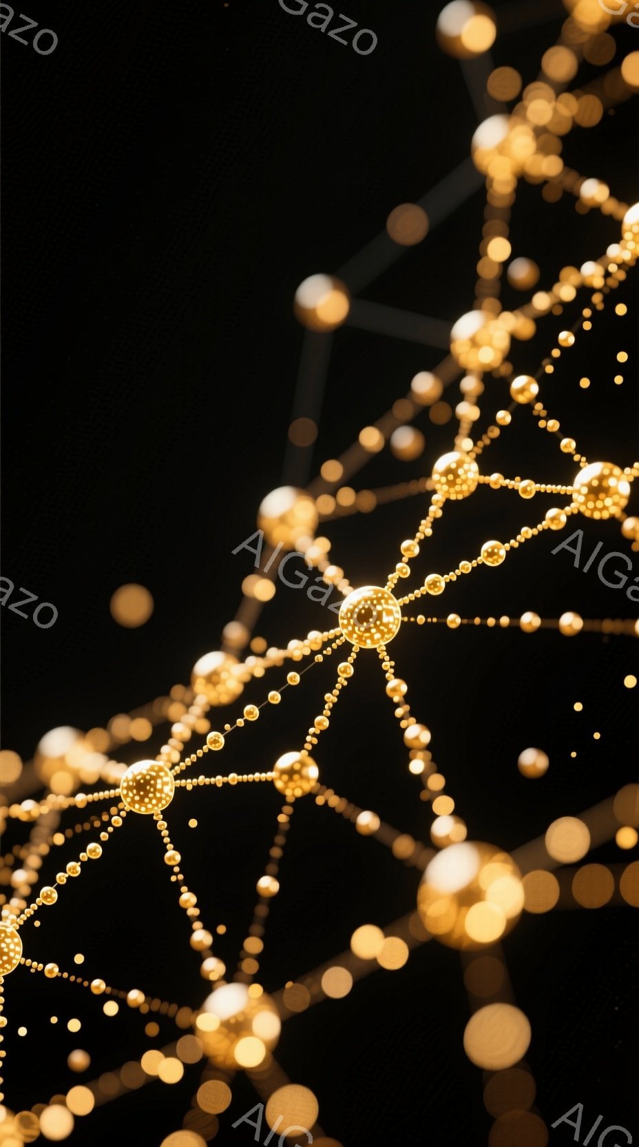 漆黒の背景に、金色の光の粒子が網の目のように繋がって浮かび上がっています。粒子は様々な大きさと明るさで輝き、まるで星雲や神経回路のような、複雑で有機的なネットワークを形成しています。この光の構成は、未来的で神秘的な雰囲気を醸し出しています。