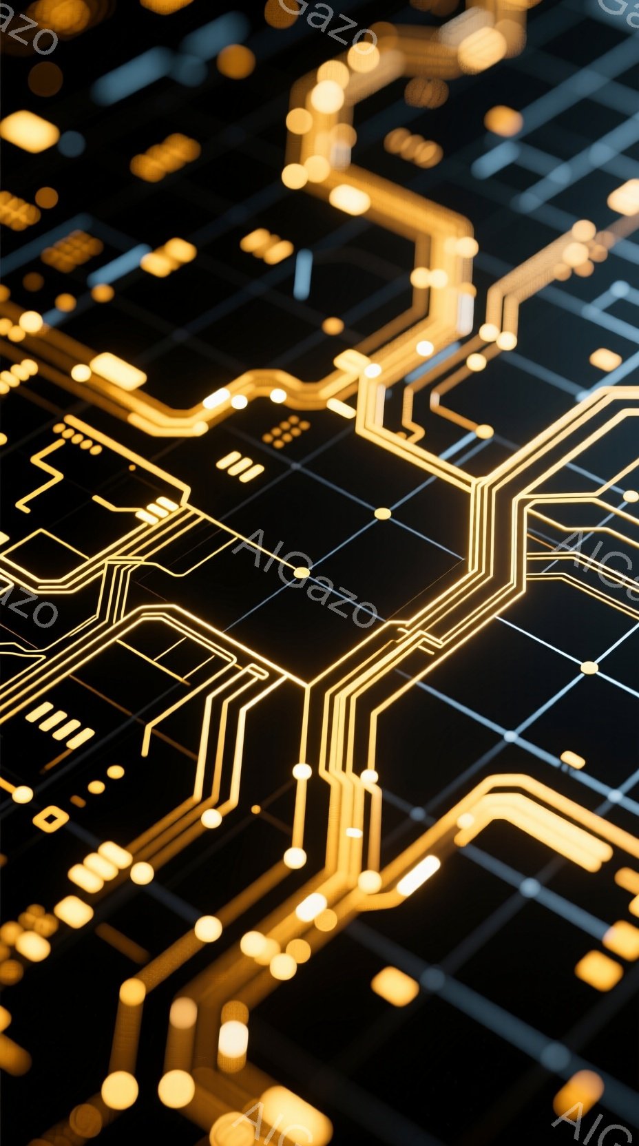 この画像は、暗い背景に金色の回路パターンが広がる抽象的な表現です。細い線が複雑に絡み合い、電子的なネットワークや未来的なテクノロジーを想起させます。光の粒子が散りばめられ、まるでデジタル空間に浮かぶ回 - AI生成フリー素材