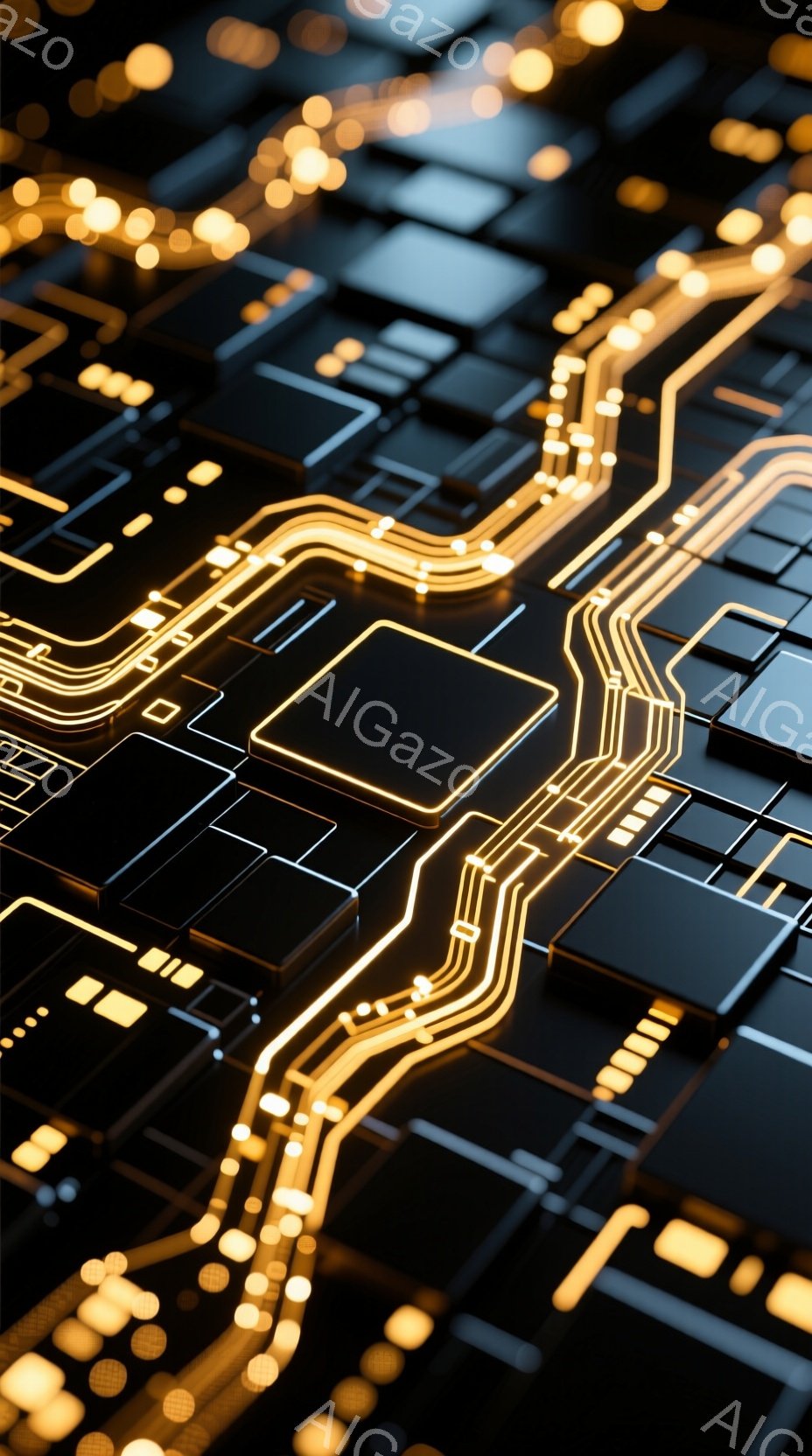 この画像は、暗い背景に鮮やかな金色の回路が複雑に張り巡らされた様子を捉えています。立体的なブロックが配置され、金色の光のラインがそれらを繋ぎ、未来的なデジタル世界を想起させます。全体的に、高度なテクノロジーと洗練されたデザインが融合した、神秘的で魅力的な雰囲気を醸し出しています。