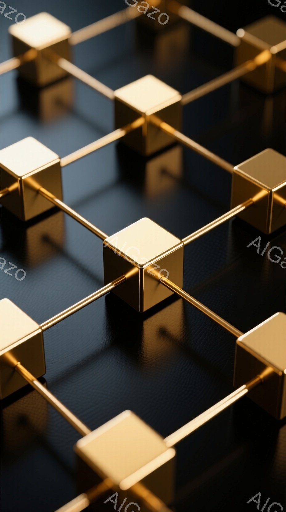 画像は、光沢のある金色の立方体が接続された、抽象的なネットワーク構造を捉えています。 立方体は黒色のテクスチャードな背景上に配置され、光の反射が強調されています。 全体的に、ミニマルで洗練された、現代 - AI生成フリー素材