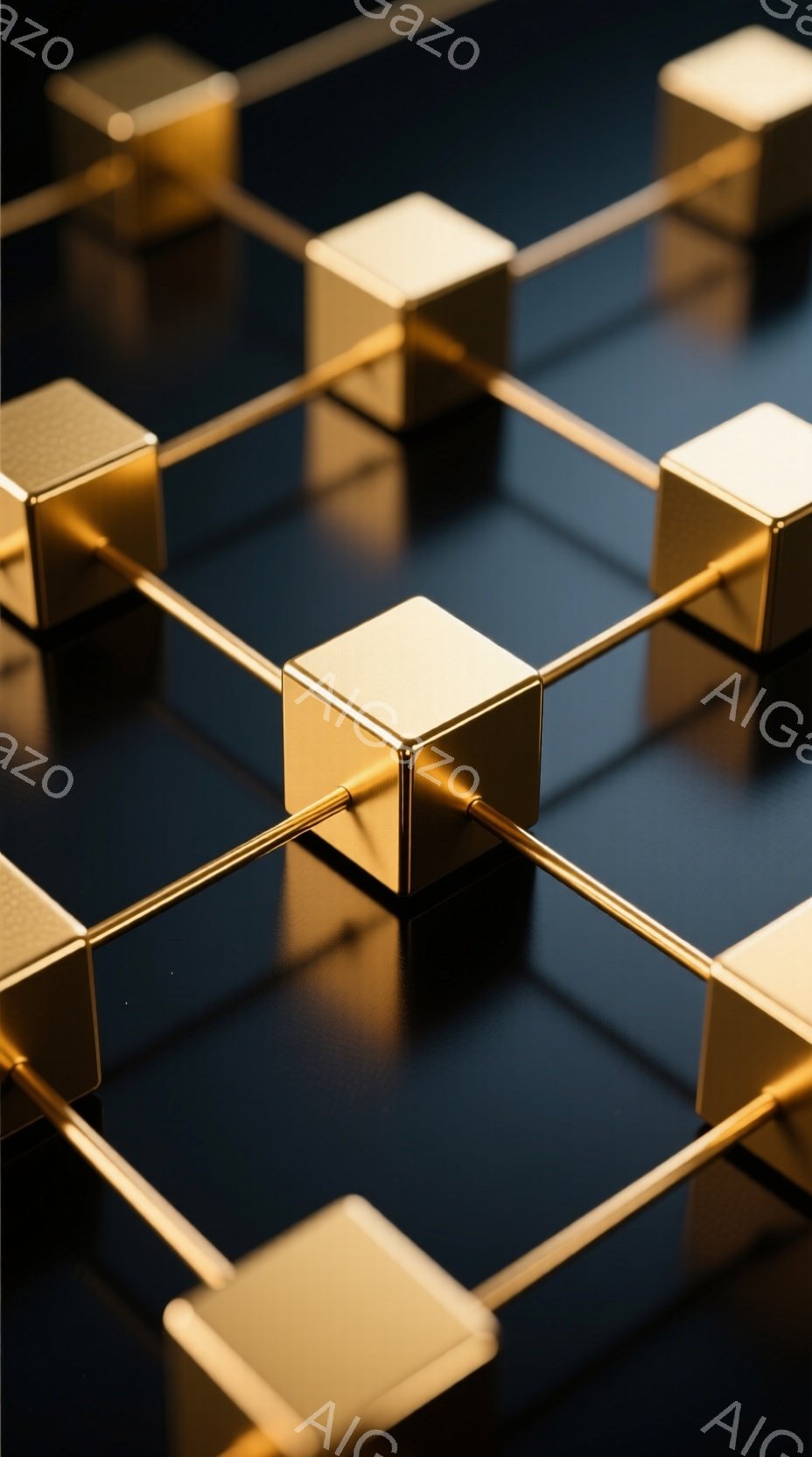 鮮やかな黄金色の立方体が、黒色の背景に規則的に並べられ、互いに細い金属製の棒で繋がれています。立方体は光を反射し、滑らかで光沢のある表面が印象的です。全体的に、モダンでミニマルな構成が、洗練された雰囲気を醸し出しています。