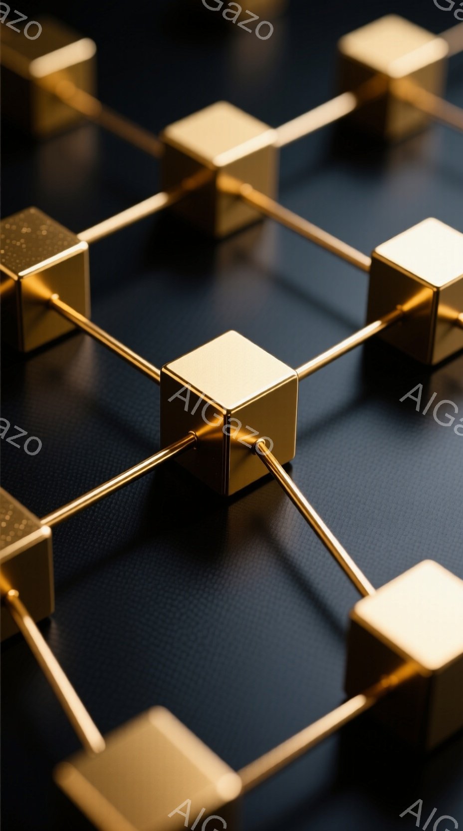 濃い青色のテクスチャ背景上に、金色の立方体が線で繋がって網目状の構造を形成している。立方体は光沢があり、互いに均等に配置され、幾何学的なパターンを強調している。全体的に洗練された、モダンでミニマルな印 - AI生成フリー素材