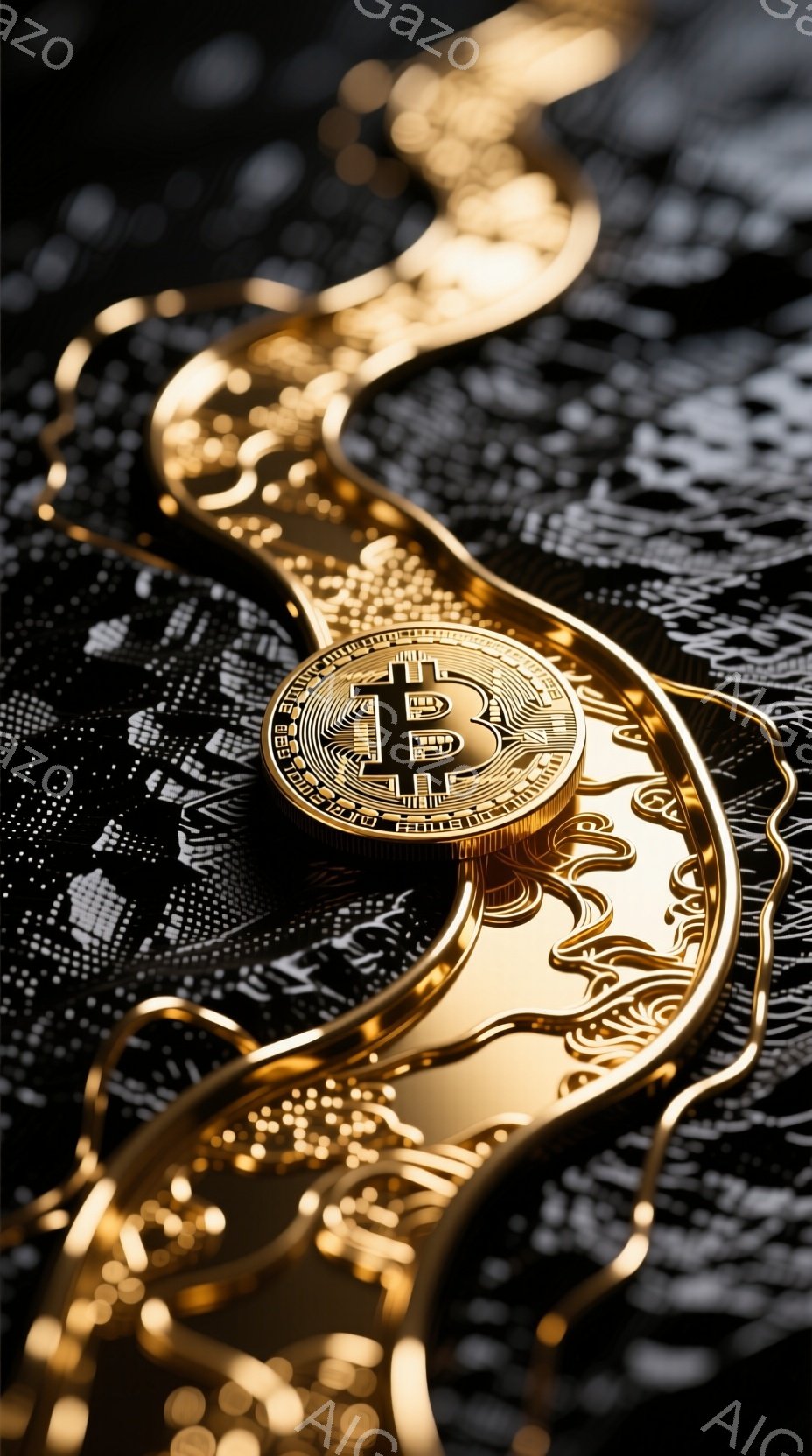 鮮やかな黄金色の衣服が、複雑な模様で覆われたシルエットを描き出しています。衣服の中心にはビットコインのロゴが刻まれた円形の装飾があり、輝きを放っています。背景は黒色のテクスチャで、衣服の金色の輝きを際立たせており、全体的に豪華で未来的な雰囲気を醸し出しています。