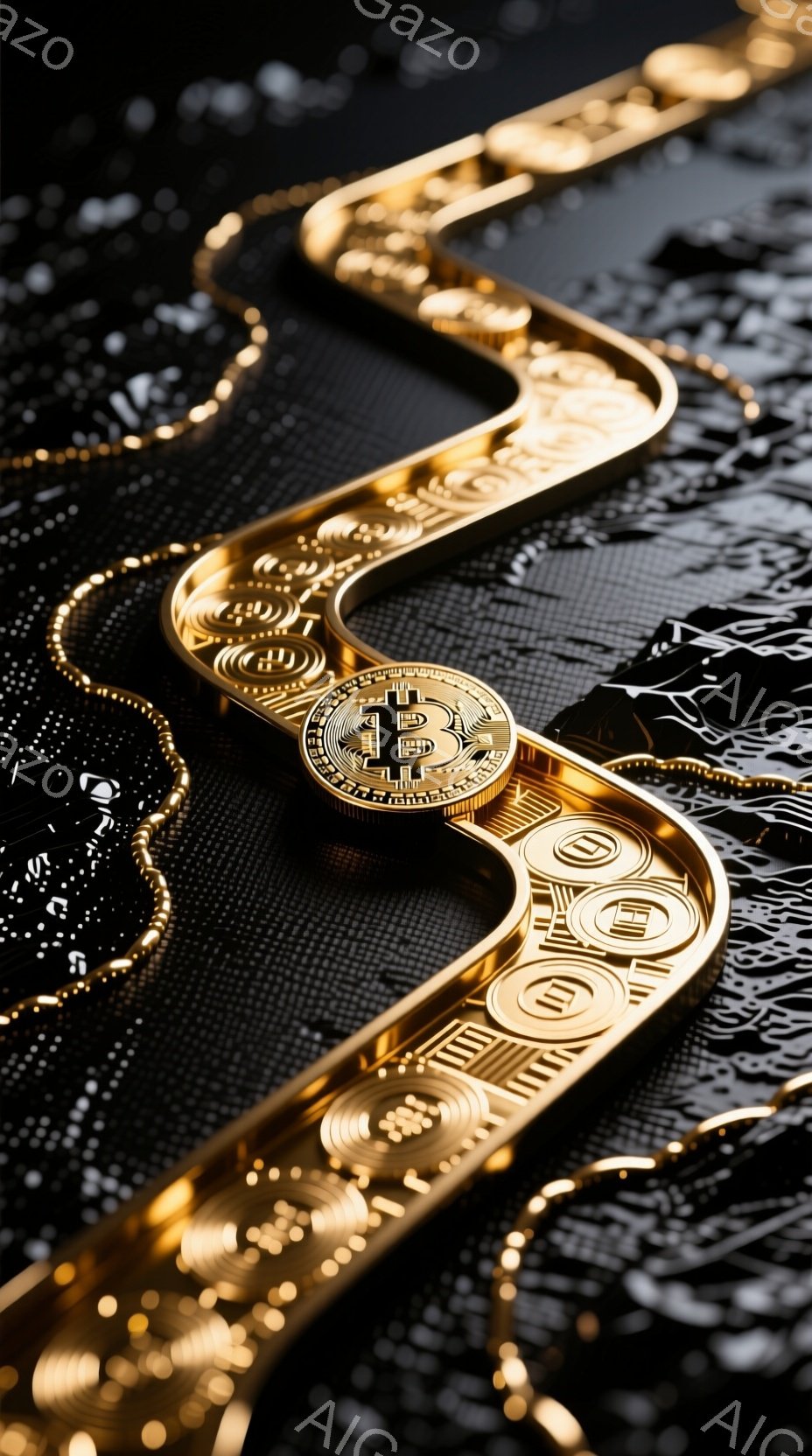 漆黒の背景に、ビットコインを模した金色の曲線が印象的な画像です。曲線はまるで回路のような複雑なパターンで構成され、その上に本物のビットコインが配置されています。全体的に、デジタル通貨とテクノロジーの未来を象徴する、洗練された雰囲気があります。