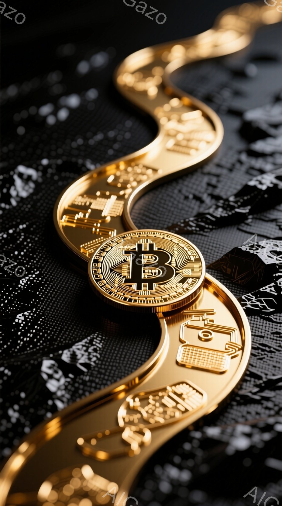 鮮やかな金色のビットコインが、黒色の背景に浮かび上がっています。コインは複雑なデザインで構成され、まるで彫刻のような立体感があります。背景は粗く、コインの金属的な輝きを際立たせており、暗い色合いが高級 - AI生成フリー素材