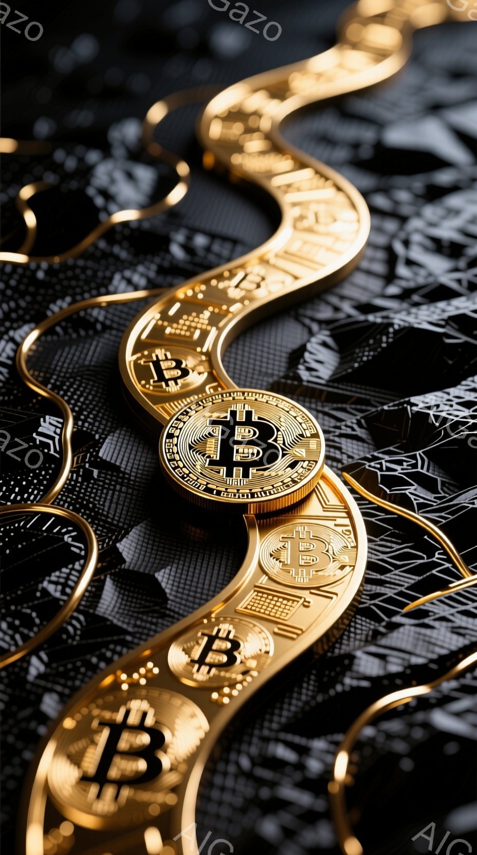画像には、暗い背景にビットコインが散りばめられています。コインは金色の金属でできており、それぞれにビットコインのロゴが刻印されています。背景は抽象的な模様で覆われており、現代的でテクノロジーを感じさせる雰囲気を醸し出しています。