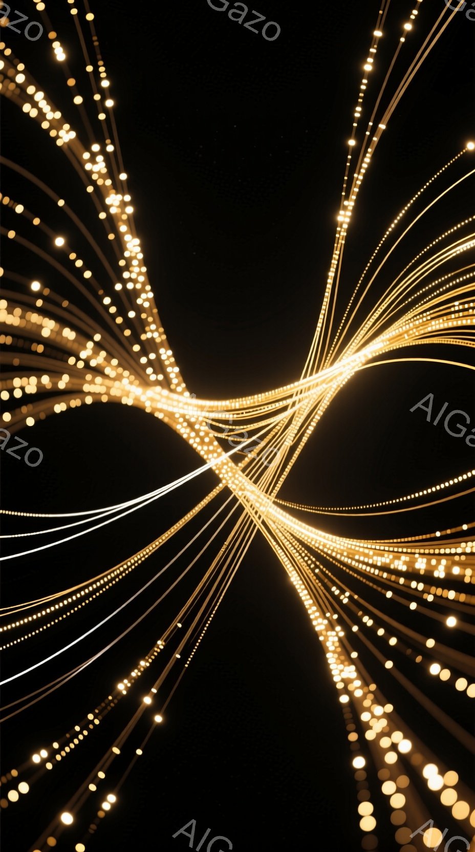 暗闇の中で、無数の光の線が中心点から放射状に広がっている様子が捉えられています。光の線は金色で、まるで星屑や流れ星が交差しているかのような幻想的な印象を与えます。背景は漆黒の闇で、光の輝きが際立っており、神秘的で未来的な雰囲気を醸し出しています。