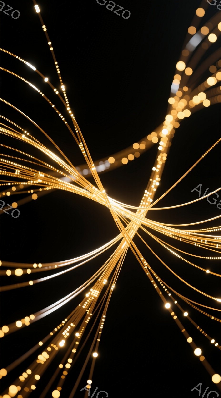 暗闇の中に、無数の光の線が中心点から放射状に広がっている様子が描かれている。各光の線は、細かな光の粒が連なっており、まるで流れ星の軌跡のような印象を与える。全体的に神秘的で、躍動感あふれる雰囲気である。