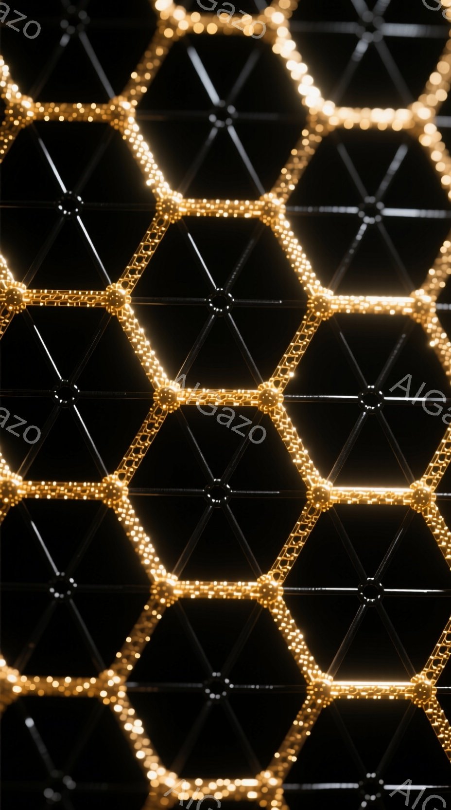 画像は暗い背景に、光る六角形のグリッドパターンが広がっている様子を捉えています。六角形は明るい黄色の光で縁取られており、まるでハニカム構造のような印象を与えます。光の強弱によって奥行きが生まれ、幾何学的な美しさと未来的な雰囲気が漂います。