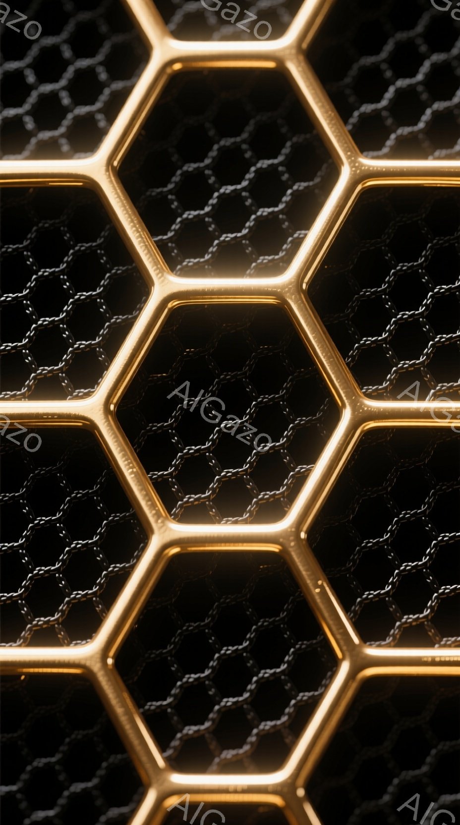 この画像は、蜂の巣のような六角形のパターンが繰り返された近接ショットです。各六角形は、明るい金色で縁取られ、内部は暗いグレーまたは黒色で覆われています。光沢のある表面と影の効果により、画像全体に未来的な、そして幾何学的な雰囲気が漂っています。