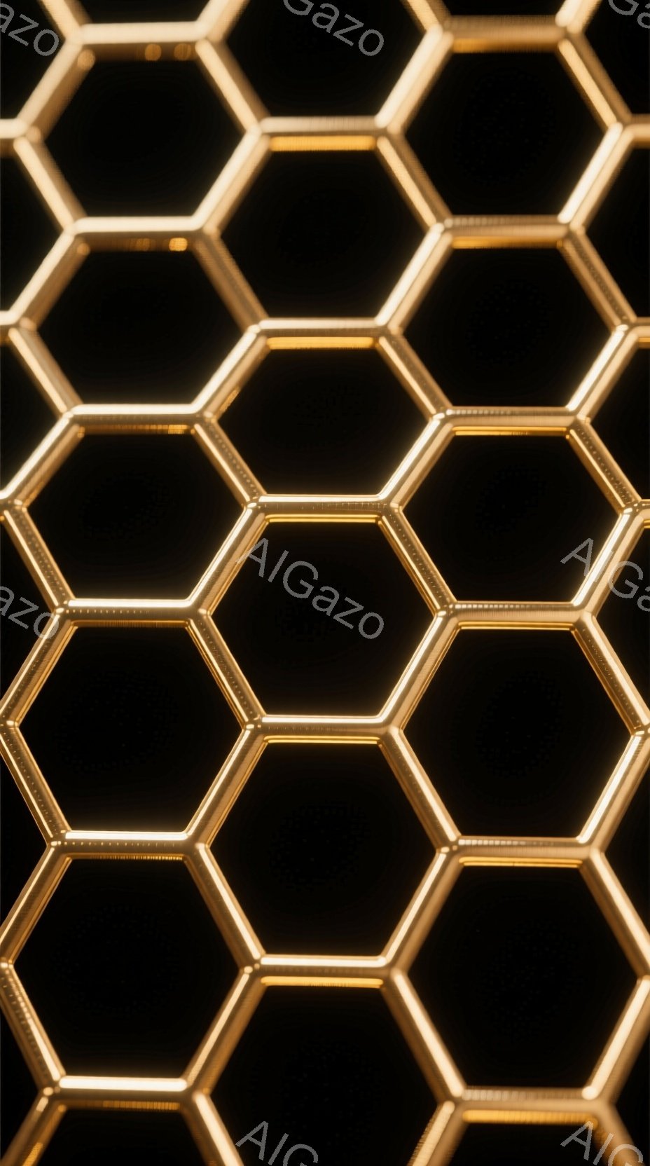 画像は、暗い背景に蜂の巣のような六角形が規則的に並んだ様子を捉えたクローズアップ写真です。各六角形は内側から明るい黄金色の光を放っており、まるで発光しているかのように見えます。全体的に幾何学的でモダンな雰囲気を持ち、光と影のコントラストが印象的です。