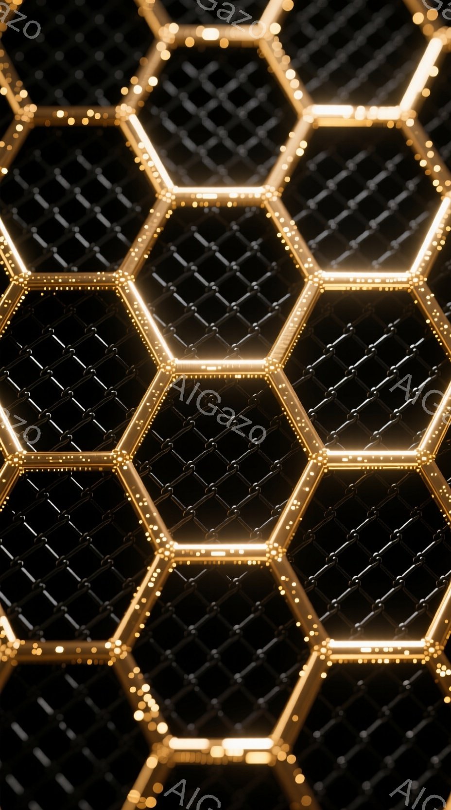 鮮やかな黄金色の六角形が、黒い背景の上に幾何学的に配置された抽象的なイメージです。各六角形は明るい光を放ち、未来的なテクノロジーやエネルギーネットワークを想起させます。 全体として、暗闇の中に輝く、洗 - AI生成フリー素材