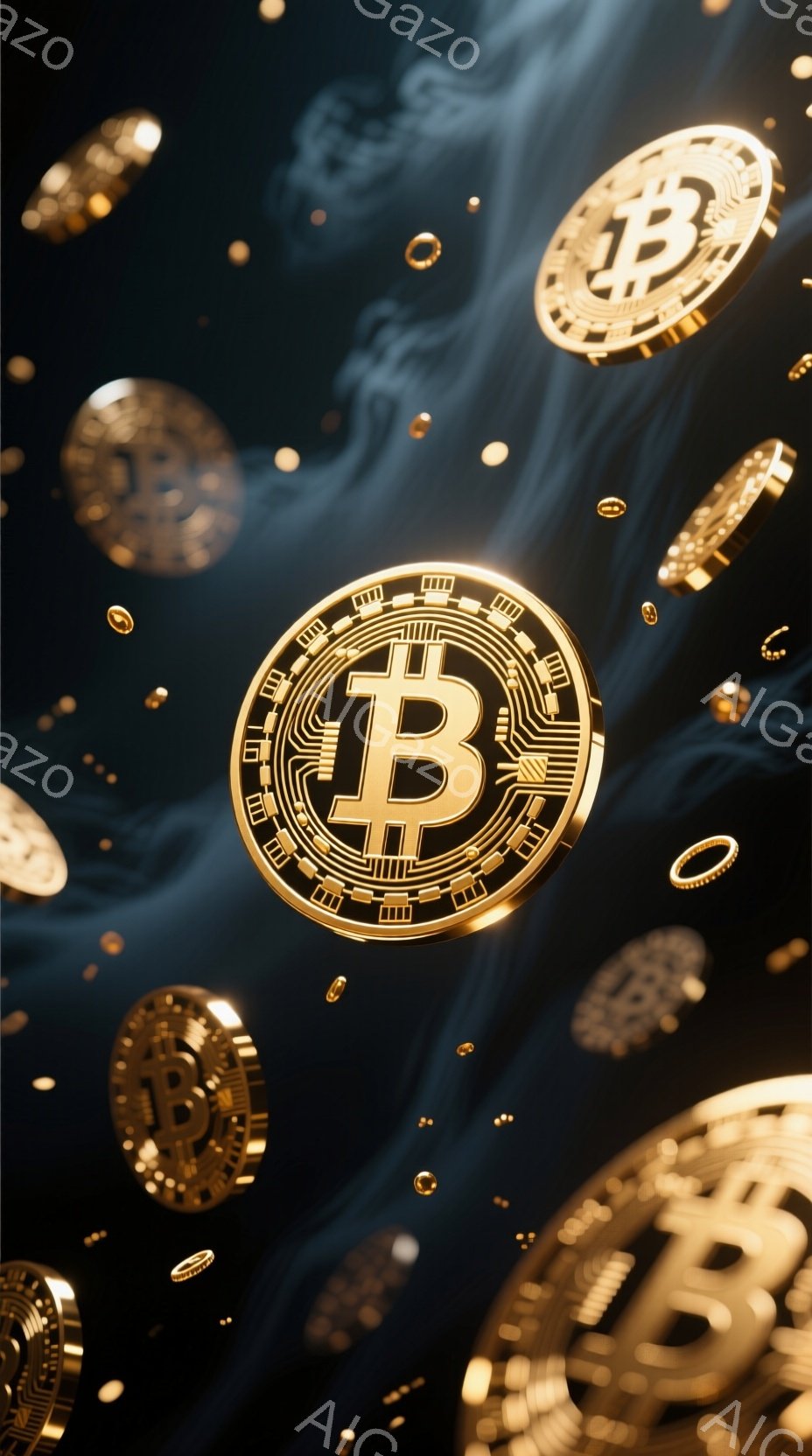 画像は暗い背景に浮かぶビットコインのアイコンが複数描かれており、金色のコインは未来的な回路パターンで装飾されています。コインはさまざまなサイズと回転で配置され、まるで空間に散らばっているように見えます - AI生成フリー素材