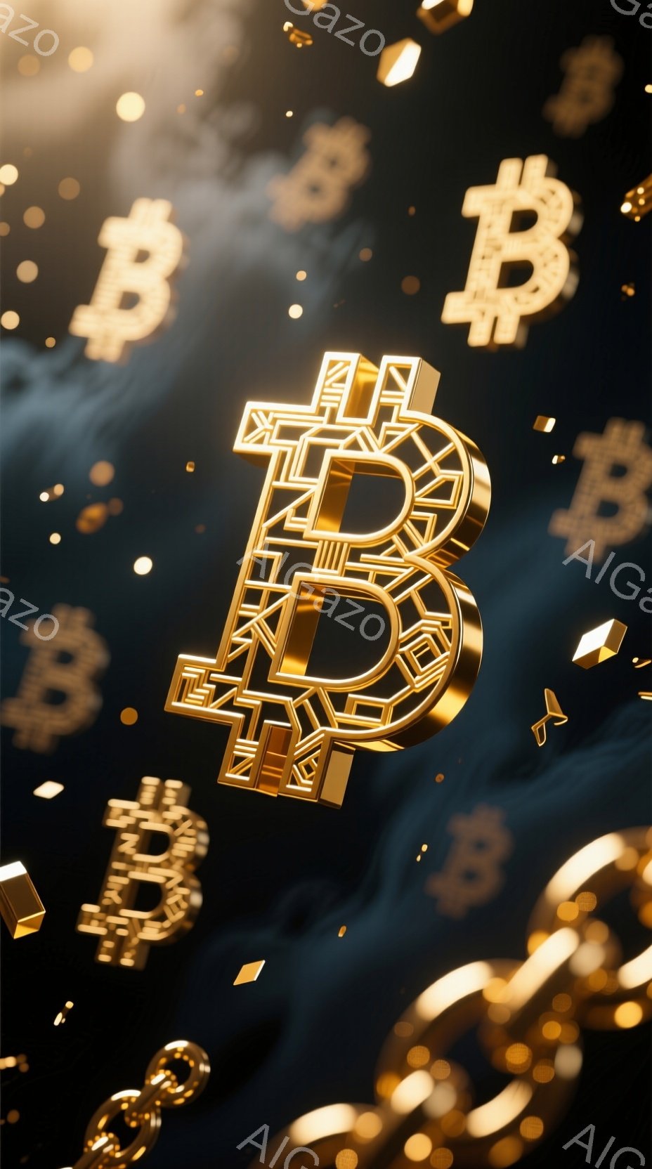 濃い青色の背景に、金色のビットコインのロゴが多数散りばめられています。ロゴは立体的なデザインで、光沢があり、まるで空中で輝いているかのようです。背景には、金色の鎖とキラキラした粒子が流れ、富とテクノロジーの未来的な雰囲気を醸し出しています。