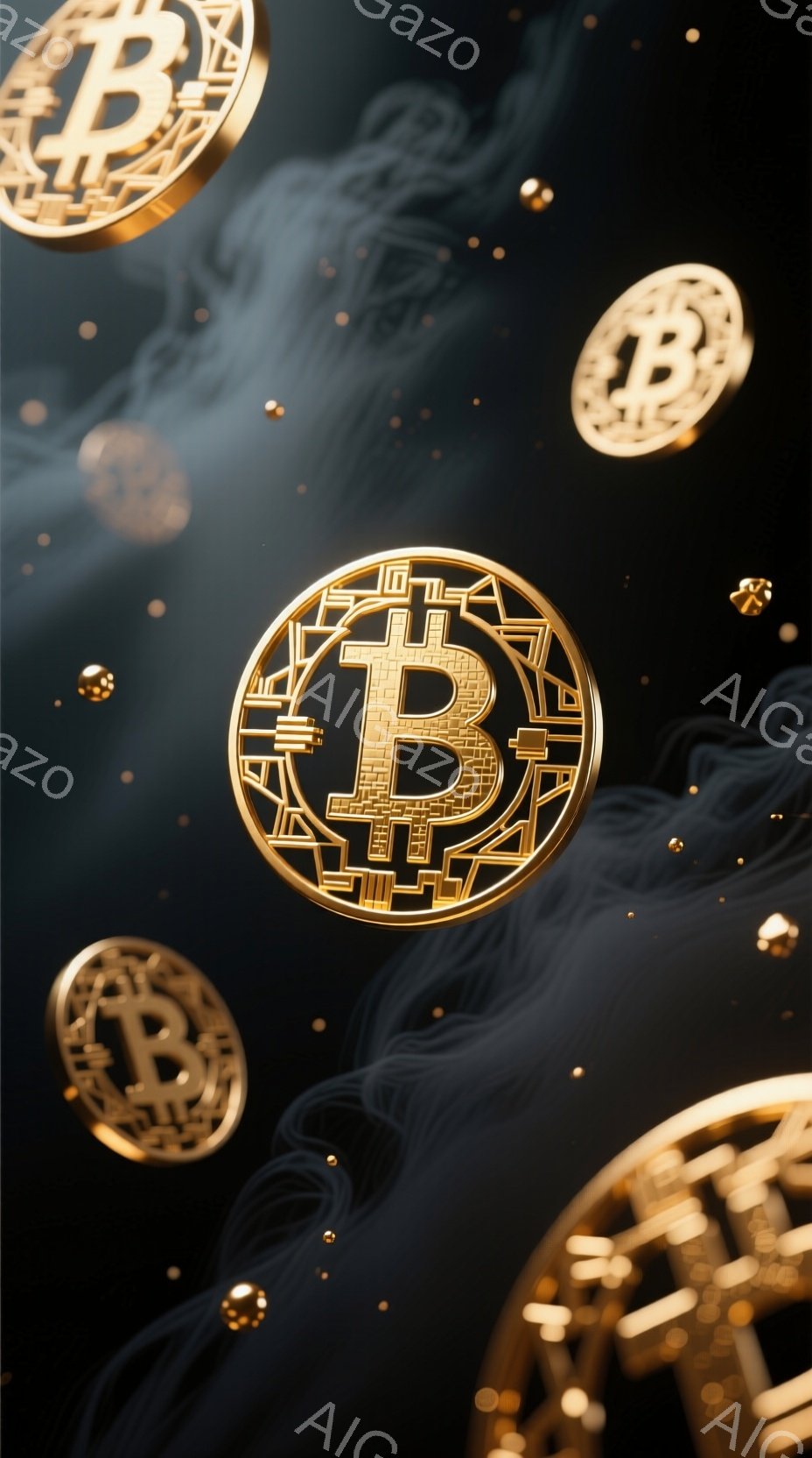 画像は暗い背景に浮かぶビットコインのシンボルが複数描かれています。金色のビットコインは立体的に表現され、光沢があり、背景にはぼやけた煙のような模様が広がっています。全体的に高級感があり、現代的なデジタル通貨のイメージを強調した雰囲気です。
