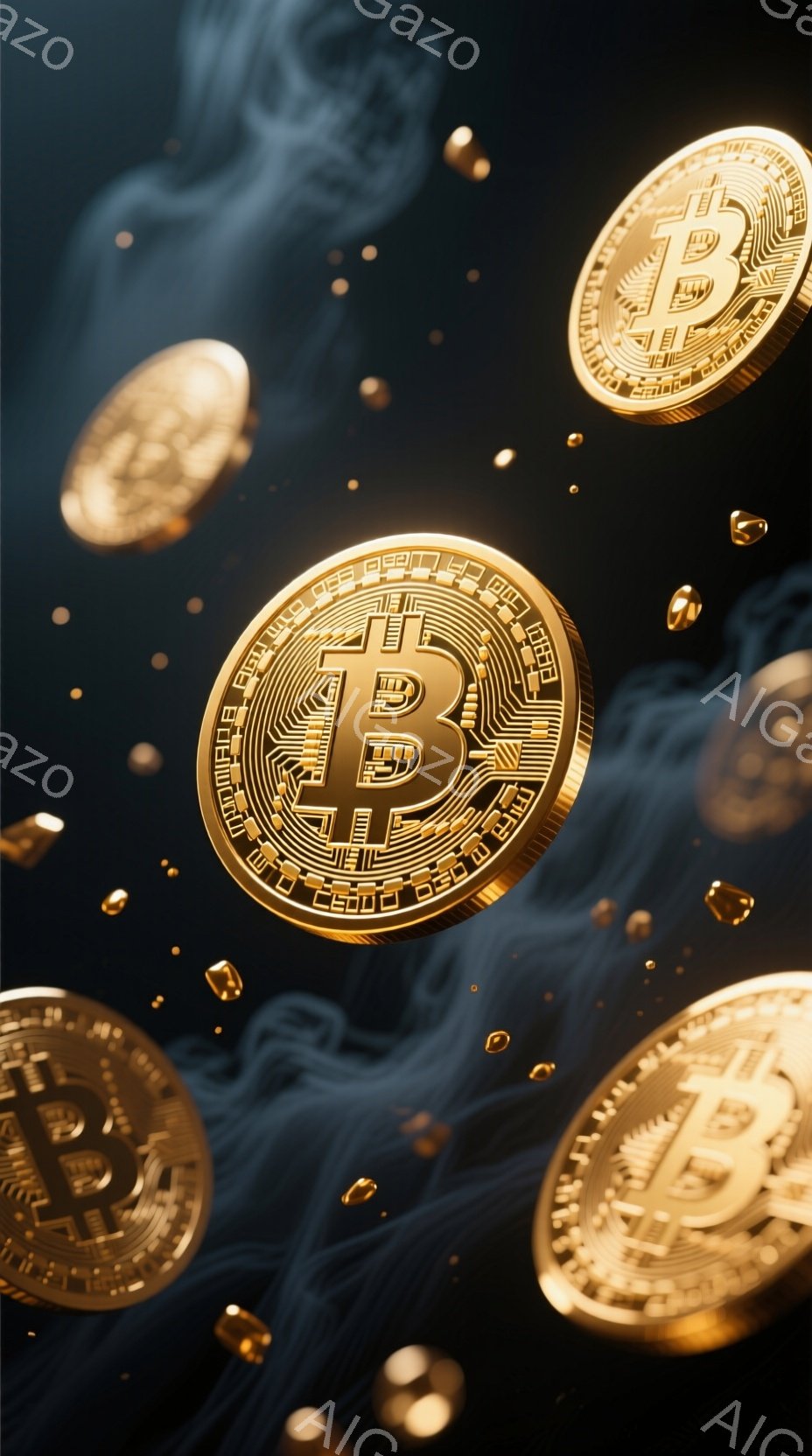 鮮やかな黄金色のビットコインが、暗い青色の渦巻く背景の中に浮遊している様子が描かれている。コインは角度をつけて配置され、まるで空間の中で踊っているかのような印象を与える。背景の青色の渦は、デジタルな世界や技術的な流れを連想させ、コインの未来的なイメージを強調している。