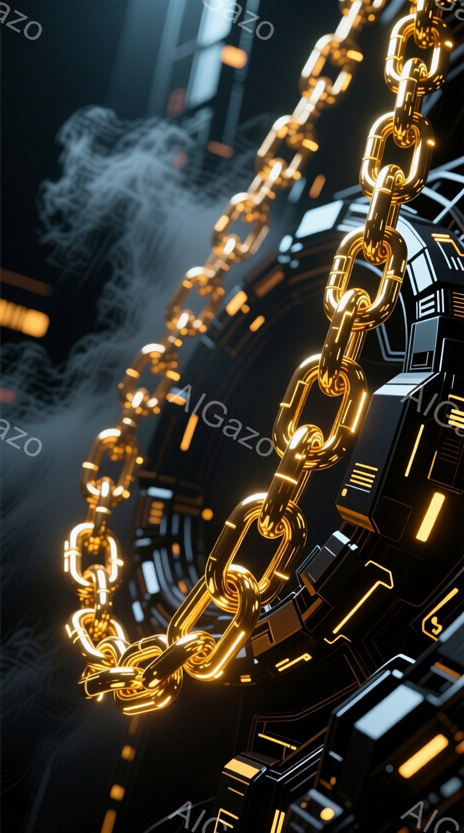 複雑な機械的構造が印象的な画像です。光沢のある金属製のチェーンが、暗い背景の中で力強く存在感を放っています。背景には、ぼやけた光の線と幾何学的な模様が見られ、未来的な雰囲気を醸し出しています。 - AI生成フリー素材