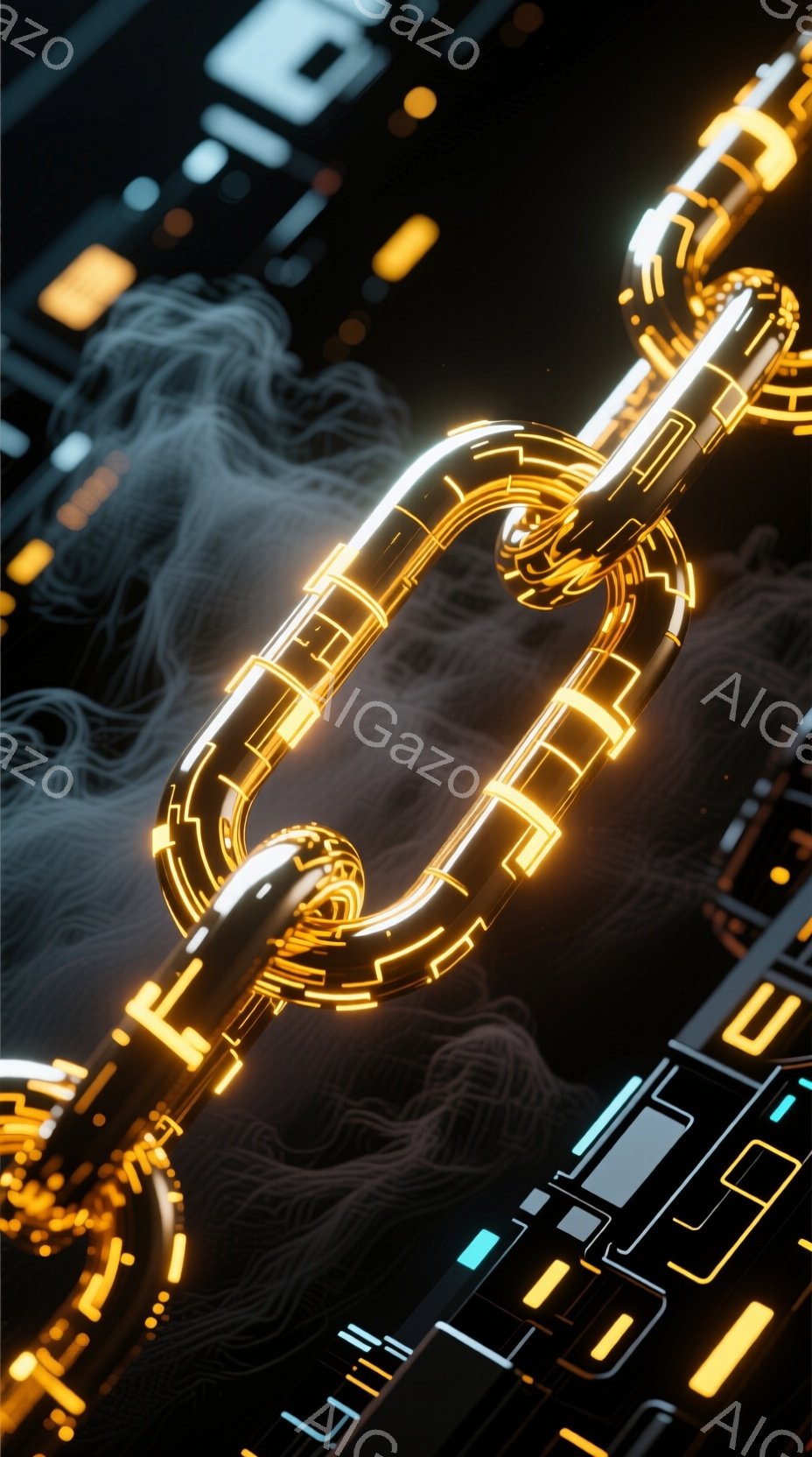 この画像は、複雑な構造を持つ、光るチェーンのクローズアップです。鮮やかなオレンジと青色の光が、未来的な回路基板のような背景を照らし出しています。 全体的に、テクノロジーと複雑なネットワークを表現した、 - AI生成フリー素材