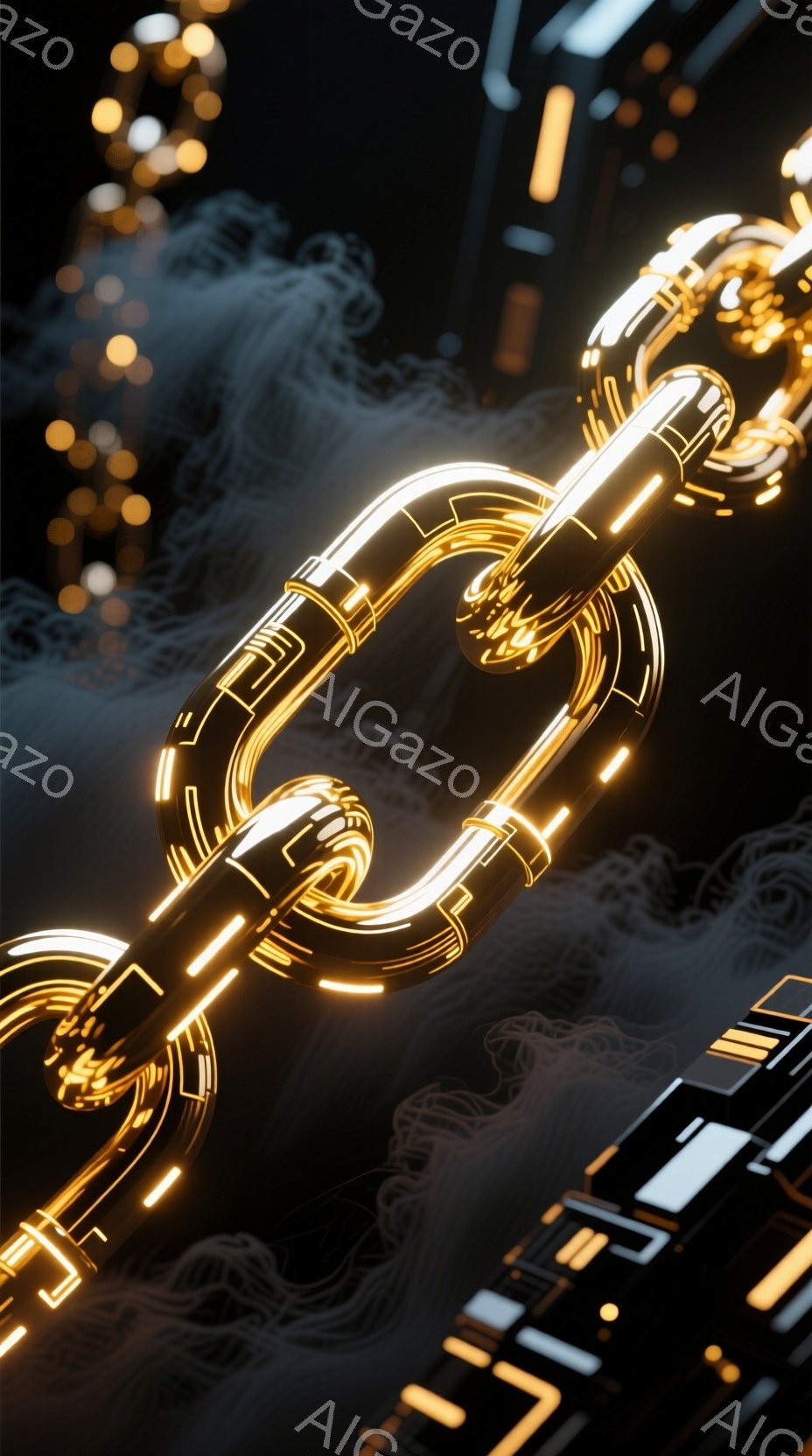 鮮やかな黄金色のネオンライトで構成された連鎖的なリングが、暗い背景に浮かび上がっている。リングは未来的なデザインで、複雑な回路のような模様が刻まれている。背景にはぼやけた光の粒子と、わずかに見える黒い - AI生成フリー素材