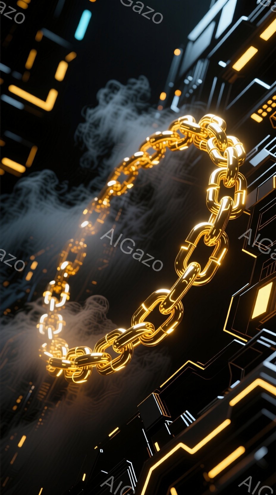 鮮やかなオレンジ色の光が走るサイバーパンク風の背景に、金色に輝く鎖が空中に浮かび、解きほぐされるように散らばっている。背景は幾何学的な線とパネルで構成され、未来的な都市空間を暗示しているような印象を受ける。全体として、力強いエネルギーと解放感を表現した、ダイナミックで印象的なイメージである。