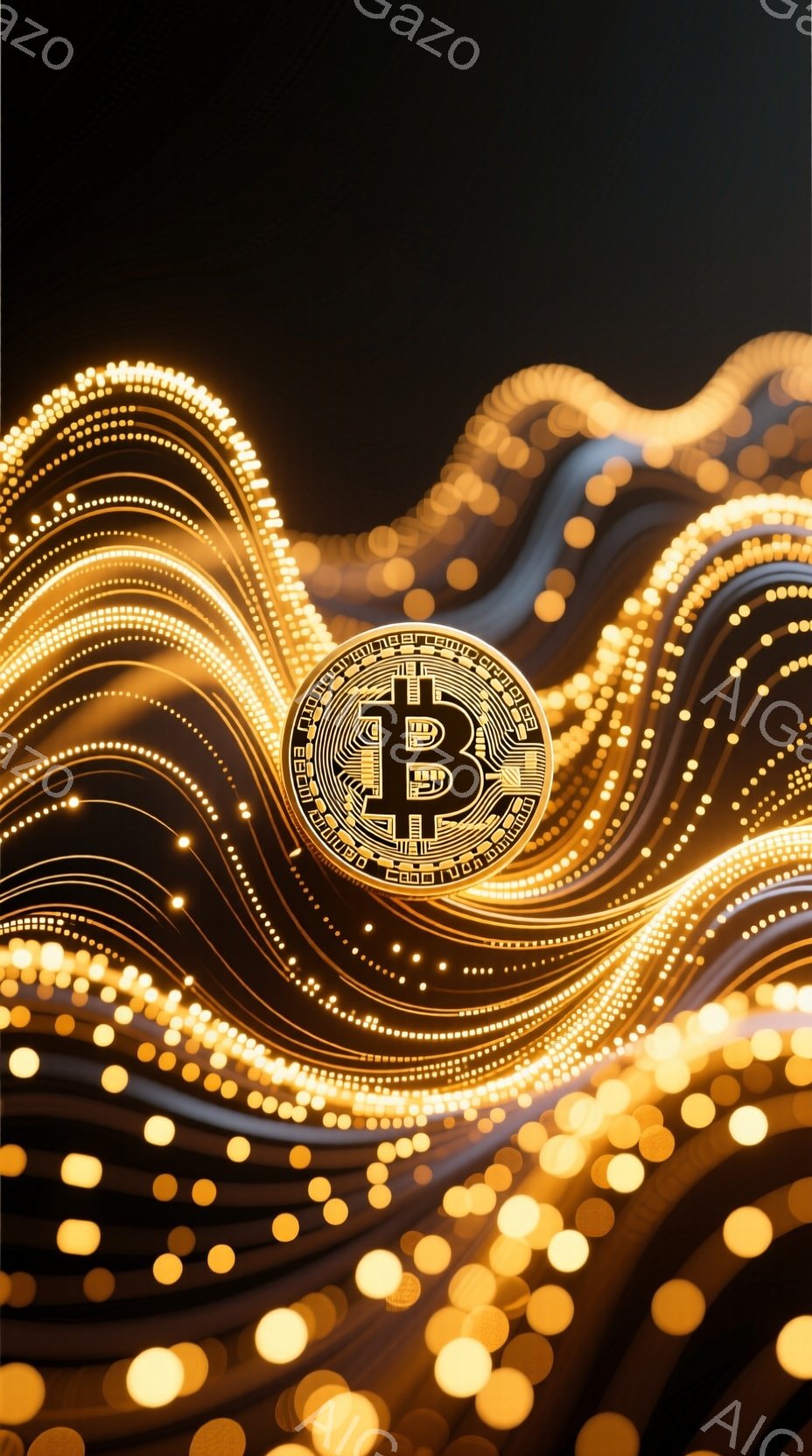 鮮やかな金色の光の粒子が渦巻き、流れるような曲線を描いています。その中心にはビットコインのロゴが配置されており、光の粒子がロゴを囲み、強調しています。全体として、流動的で未来的な印象を与える、ダイナミックで魅力的なビジュアルです。