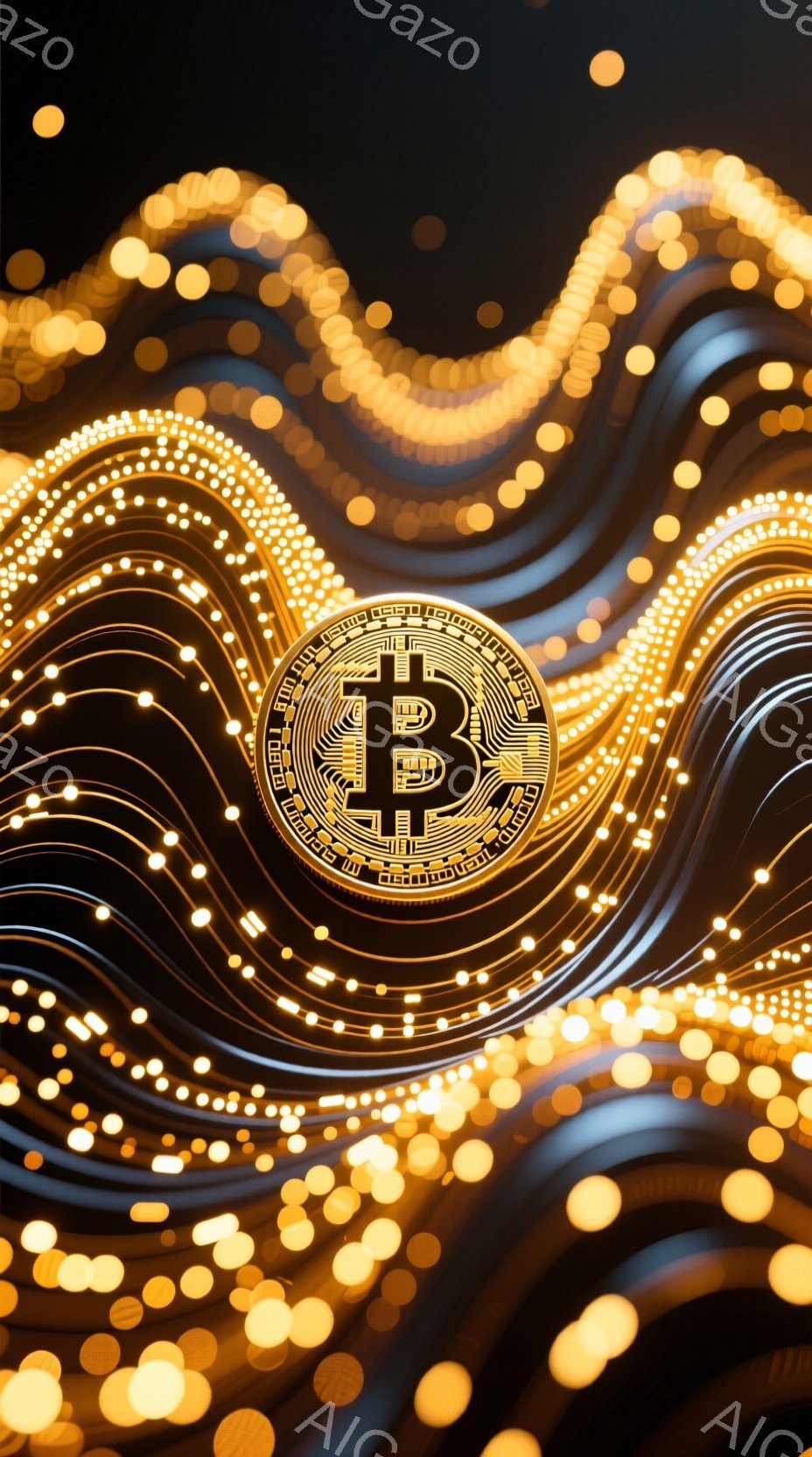 鮮やかな金色の光の粒子が渦巻く背景に、ビットコインのロゴが中央に配置されています。光の粒子は流動的で、まるでエネルギーの流れやネットワークのつながりを表しているようです。全体的に近未来的でテクノロジーを感じさせる、ダイナミックな印象を与える画像です。