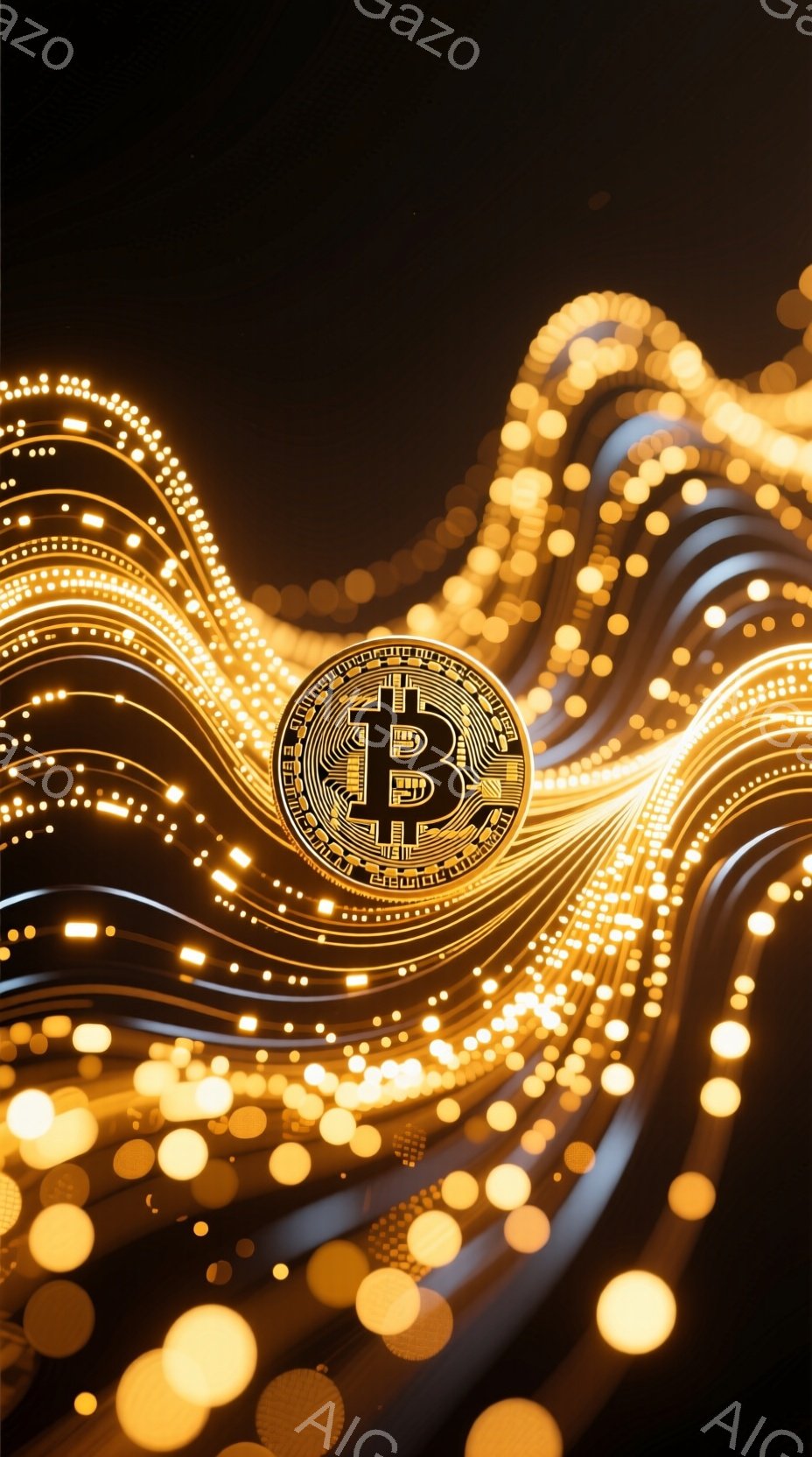 画像は、暗い背景に輝く金色の光の渦が描かれており、その中心にはビットコインのロゴが配置されています。光の渦は、流れるような曲線を描き、ビットコインのロゴを強調し、未来的な印象を与えます。全体として、暗号通貨とテクノロジーのダイナミックで洗練された表現となっています。
