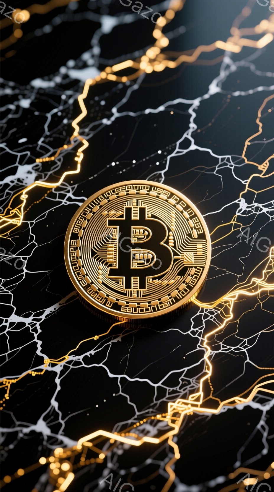 暗い背景にビットコインのシンボルが輝いており、稲妻のような金色の線が複雑に絡み合ってビットコインを取り囲んでいます。ビットコイン自体は金属的な質感で、細部まで精密に描かれています。全体的に、デジタル通貨のエネルギーと潜在的な不安定さを暗示する、ダイナミックで未来的な雰囲気です。
