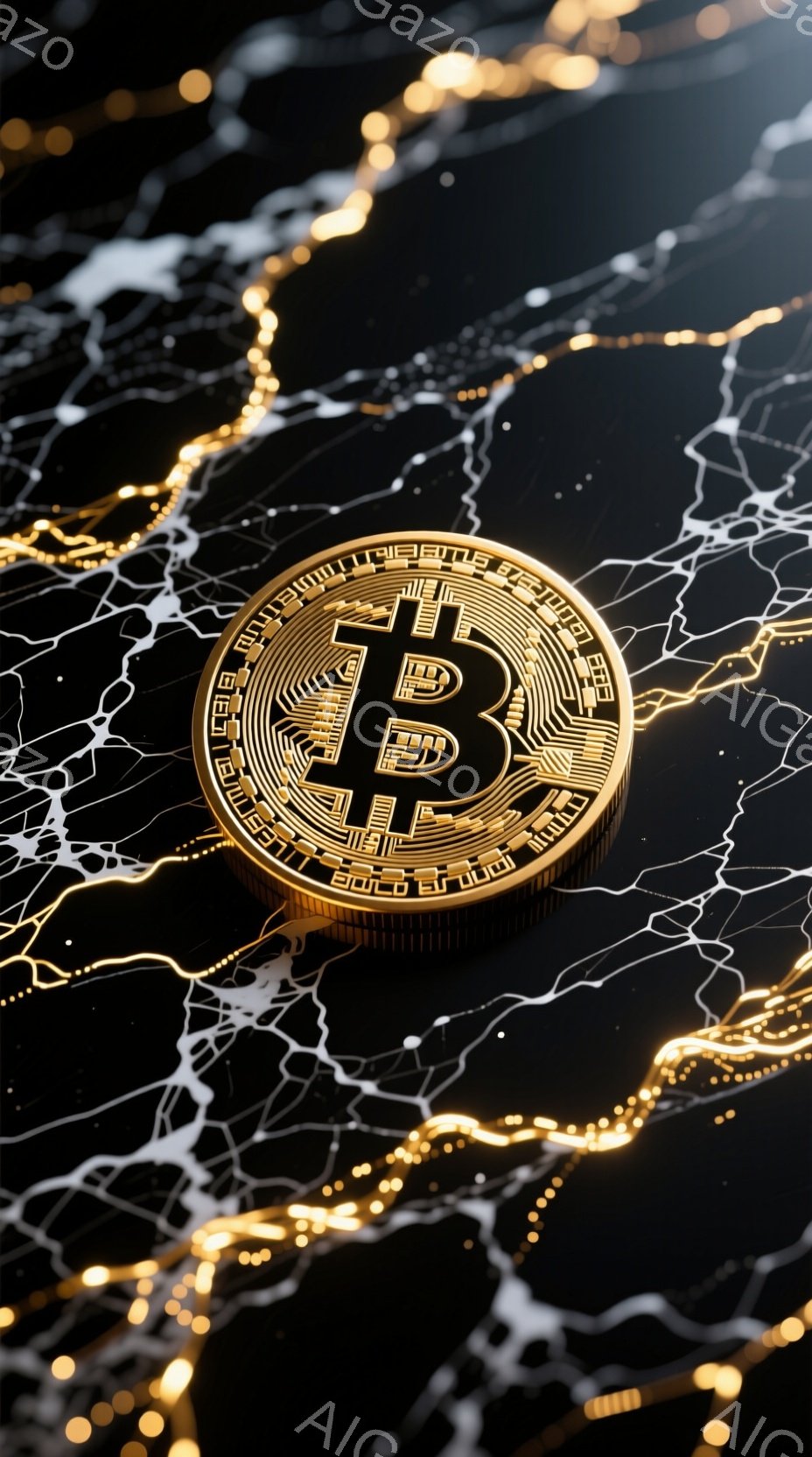 画像は暗い背景にビットコインが大きく配置されており、その周囲には金色の光の線が稲妻のように広がっています。ビットコイン自体は金属的な質感で、詳細な彫刻が施されており、その中央には「BTC」の文字が刻まれています。全体として、この画像はビットコインの力強さと未来的な印象を強調しており、エネルギーとテクノロジーの感覚を喚起します。