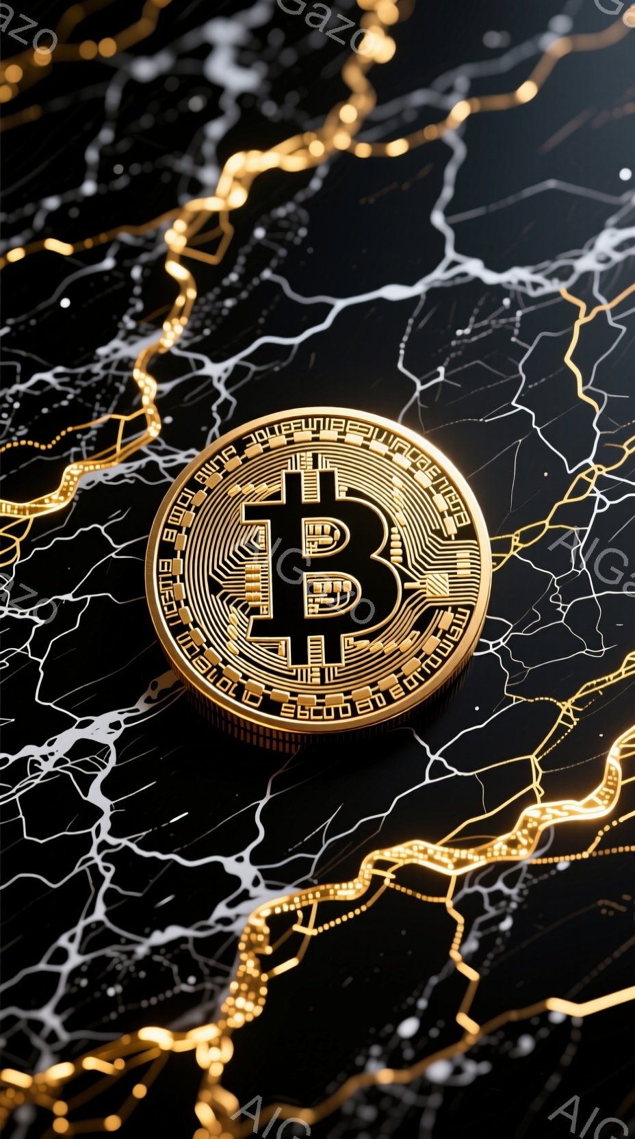 画像は暗い大理石の背景に金色のビットコインのシンボルが大きく配置されています。シンボルの周りには、金色の稲妻のような線が複雑に広がり、エネルギーと活力を感じさせます。全体的に、洗練された現代的な雰囲気で、デジタル通貨の未来と可能性を象徴しているようです。