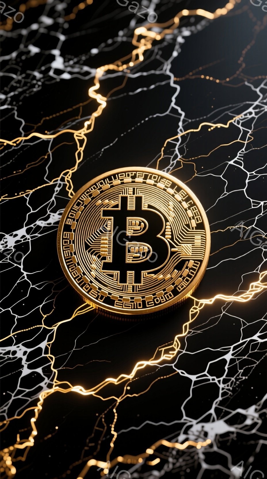 画像は、暗い背景に浮かぶビットコインのアイコンを捉えています。金色の稲妻のような線が、アイコンの周りを複雑に走り、エネルギーとテクノロジーの融合を表現しています。全体的に、この画像は、デジタル通貨の革新性と不安定性を象徴するような、力強く神秘的な雰囲気を醸し出しています。