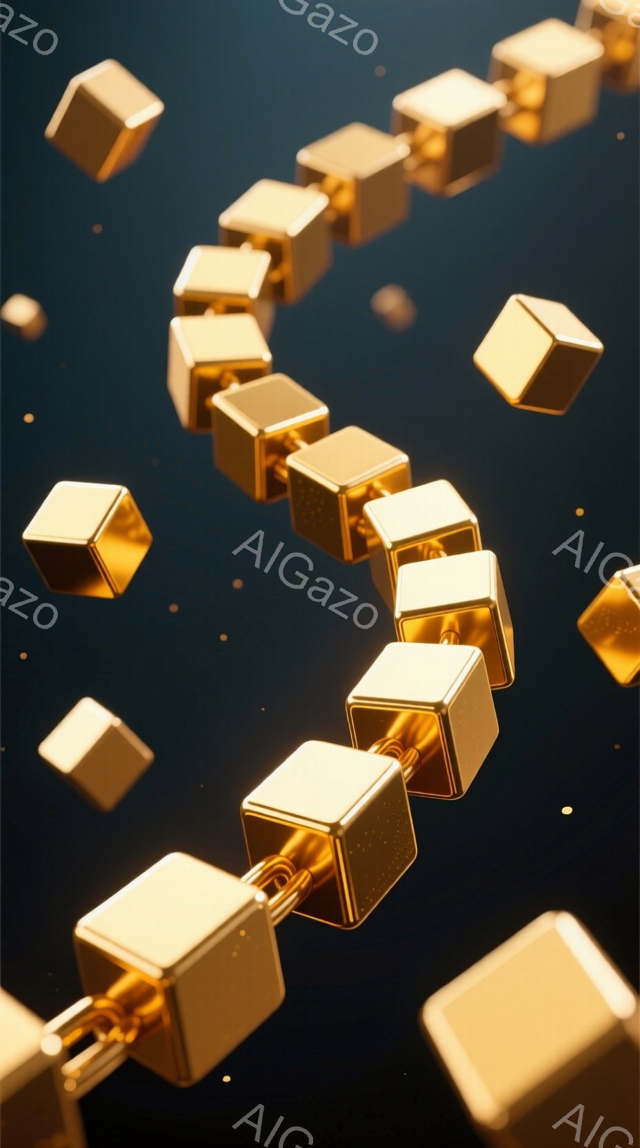 画像には、暗い背景に浮かぶ金色の立方体が連なって描かれています。 立方体は光沢があり、表面には細かいテクスチャが見られ、まるでブロックチェーンのような印象を与えます。 全体的に未来的な雰囲気で、デジタル技術や仮想通貨を連想させます。