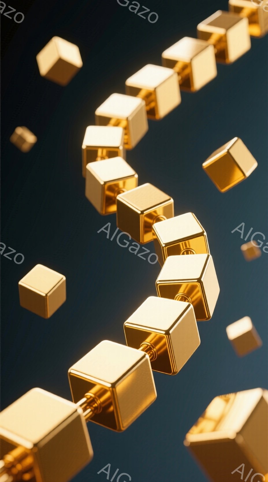 黄金色の立方体が空間に浮かび、連なって見える画像です。立方体はそれぞれ光沢があり、影が薄く落ちています。背景は暗い青色で、立方体とのコントラストが際立っており、未来的な雰囲気を醸し出しています。 - AI生成フリー素材