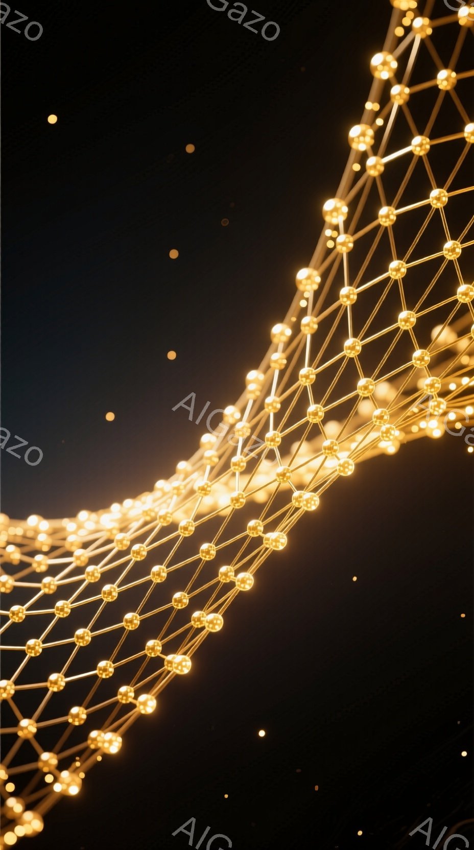 画像は暗黒の背景に、金色の光る球体と線で構成された、曲線的なネットワーク構造を描いています。球体は繋がっており、まるでエネルギーの流れや神経回路のような視覚効果を生み出しています。全体的に未来的な雰囲気で、抽象的でありながらも有機的な印象を与えます。