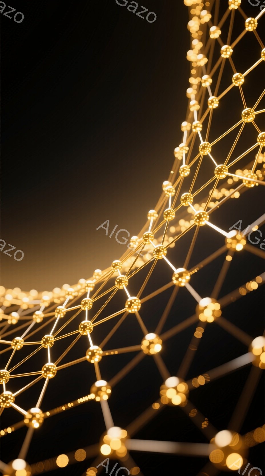 鮮やかな黄金色の光のネットワークが、暗い背景に浮かび上がっています。各光点は繋がって線を描き、複雑な構造を作り出しています。全体的に未来的な雰囲気で、テクノロジーや接続性を象徴しているように見えます。