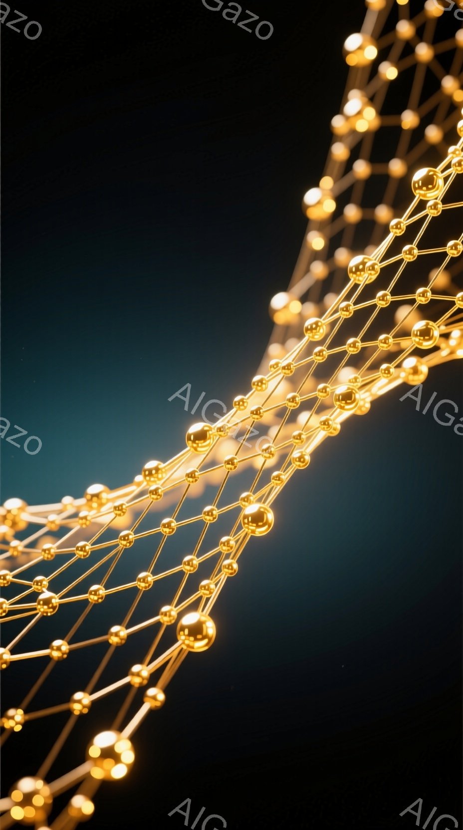 鮮やかな金色の球体が細い線で繋がれ、複雑なネットワーク状の構造を形成しています。この構造は斜めに配置され、背景は暗い紺色で、まるで宇宙空間のような深みを感じさせます。光の反射が球体を照らし出し、神秘的 - AI生成フリー素材