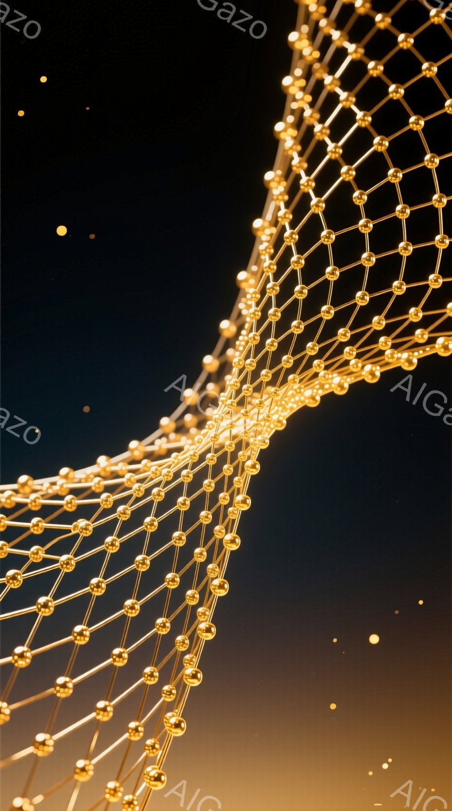 金色の球体と線で構成された、螺旋状の構造物が画面中央を流れるように描かれている。背景は暗いグレーからオレンジがかった黄色へのグラデーションで、わずかな光の粒子が散りばめられており、まるで宇宙空間のよう - AI生成フリー素材