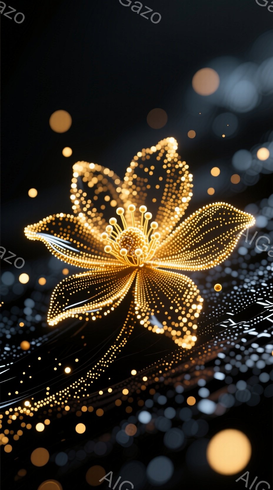 鮮やかな光の粒子で構成された花が画面中央に浮かび上がり、まるで夜空に輝く星々のような幻想的な光景を作り出しています。背景は暗く、さらに小さな光の粒子が散りばめられており、奥行きと神秘的な雰囲気を強調しています。花は複雑な模様を持ち、まるで生命の輝きを表現しているかのようです。