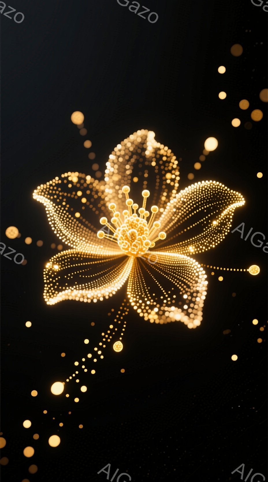 漆黒の背景に、金色の光の粒子で構成された花が咲き誇っている。花びらは細やかな光の粒が密集して作られており、中心に向かって徐々に明るさを増していく様子が美しい。背景には、花びらと同様の光の粒子が散りばめられており、幻想的で神秘的な雰囲気を醸し出している。