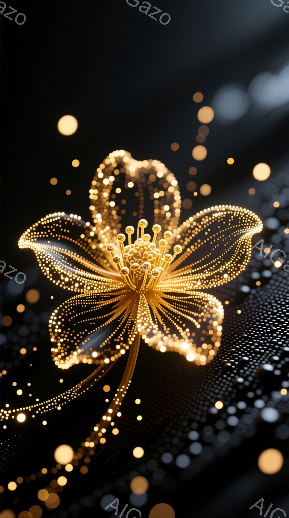 闇夜を背景に、金色の輝く花が咲き誇っている。花びらは無数の光点から構成され、繊細で幻想的な雰囲気を醸し出している。花の中心には、さらに細かい光の粒子が集まり、神秘的な輝きを放っている。