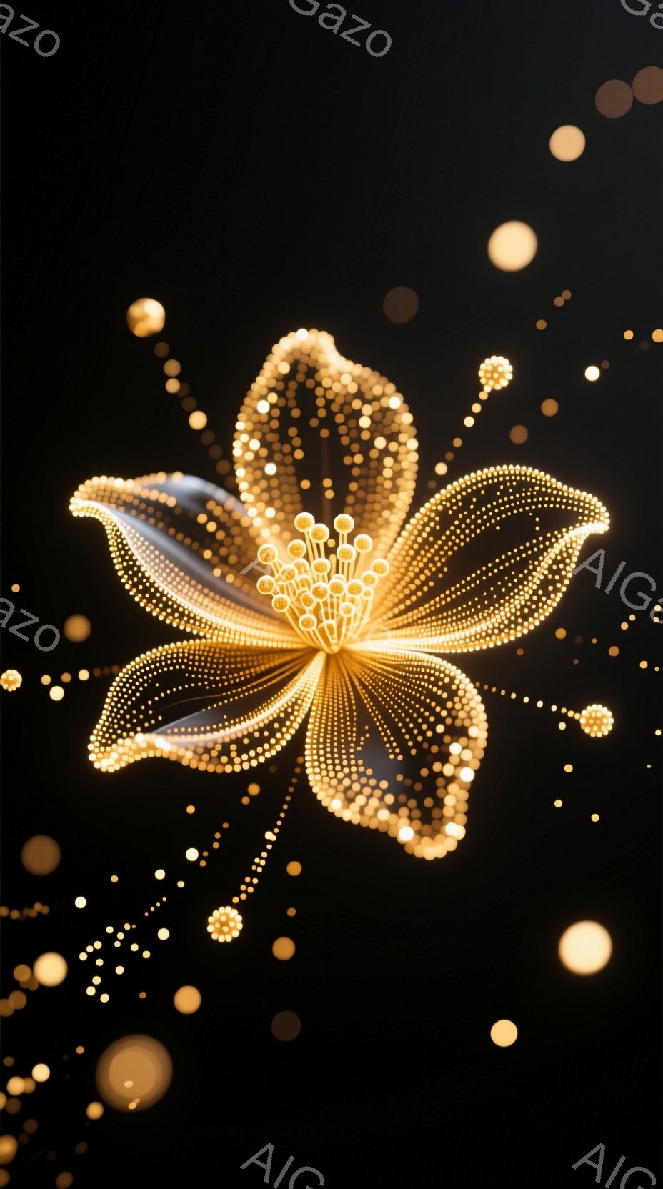 漆黒の背景に、金色の光の粒子で構成された花が咲き誇っている。花びらは繊細なドットで描かれ、中心から明るく輝く光が溢れ出している。全体として、幻想的で神秘的な雰囲気を醸し出している。