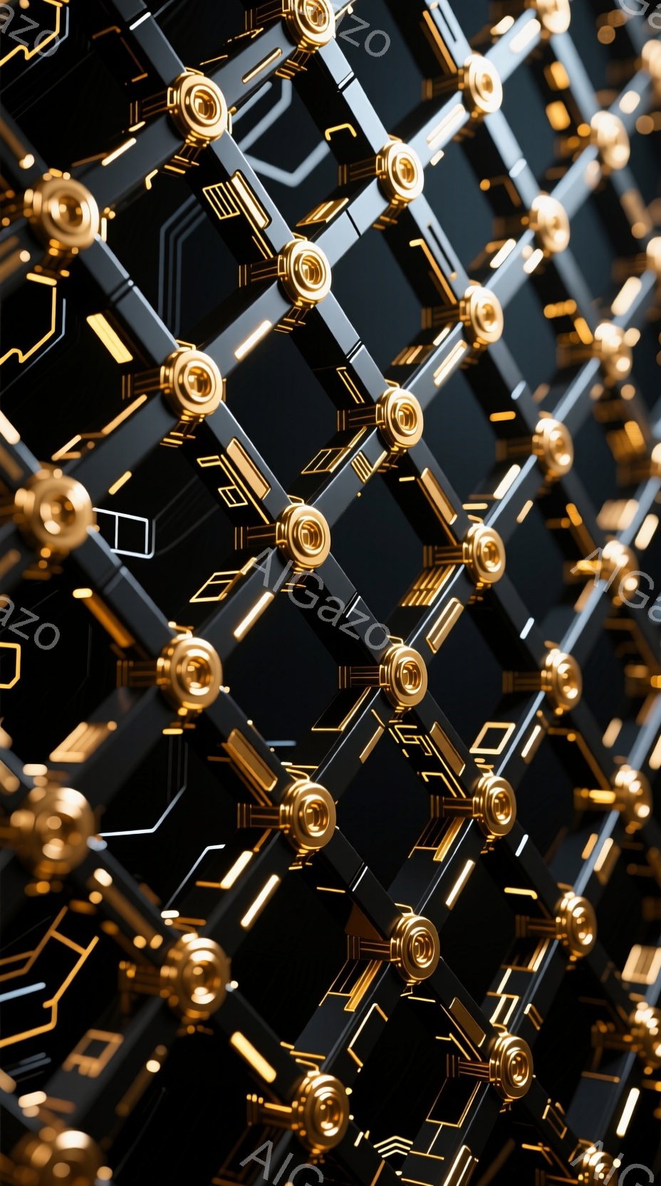 画像は、黒い背景に金色の配線のような構造物が複雑に絡み合った様子を捉えています。金色の円筒形の部品が配線に接続され、未来的な回路網を形成しており、光沢があり、立体感のある表現が印象的です。全体的に、テクノロジー、未来、そして複雑なシステムを連想させる、洗練された雰囲気があります。