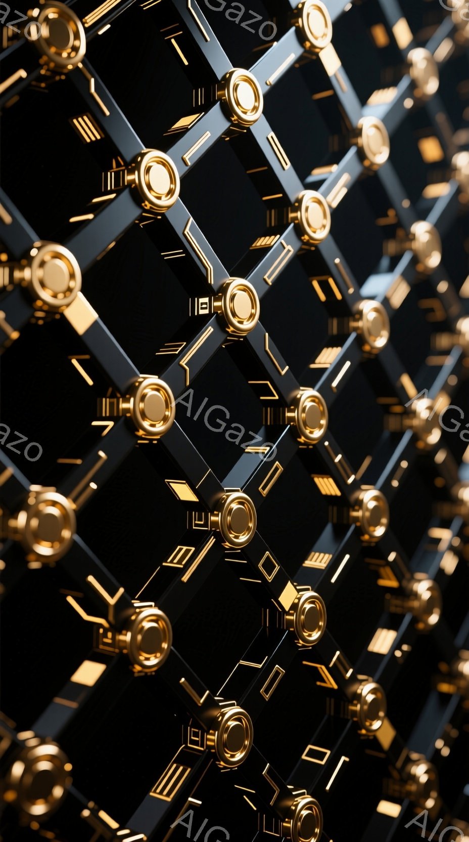 黄金色の配管や幾何学的な構造物が、黒い背景に複雑に絡み合い、未来的な回路や配管網を連想させる抽象的なイメージです。光沢のある金属素材が使用されており、全体的にクールで洗練された印象を与えます。構造物は、規則的でありながらも予測不可能な配置で、見る者に視覚的な刺激を与えます。