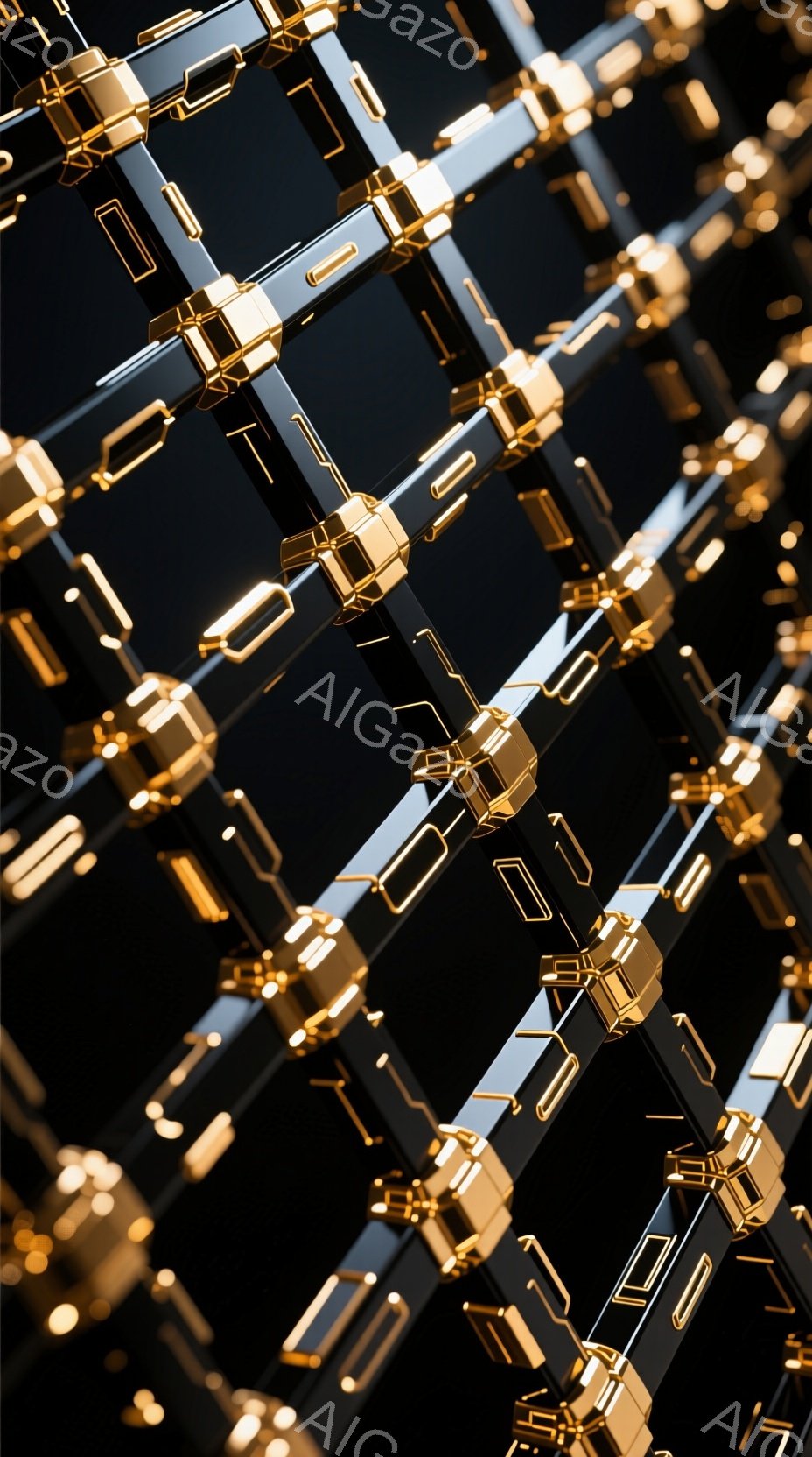 画像は、黒い背景に金色の光る構造物が密集して配置された抽象的な表現です。構造物は長方形のパイプ状で、その内部に金色の線が走っており、近未来的な回路やデータフローを連想させます。全体的に、光沢のある素材とシャープなラインが、洗練されたテクノロジーと高級感を醸し出しています。