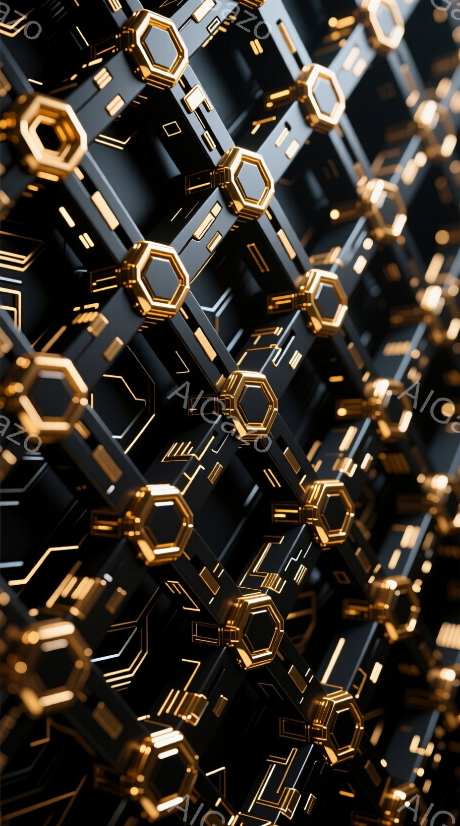 複雑な六角形と線で構成された、未来的な構造物が画面全体を埋め尽くしています。光沢のある黒と金色の配色が、洗練された印象を与え、内部から発光するような光の効果が、奥行きと立体感を強調しています。これは、デジタル空間やサイバーパンクの世界を想起させる、抽象的なアート作品のようです。