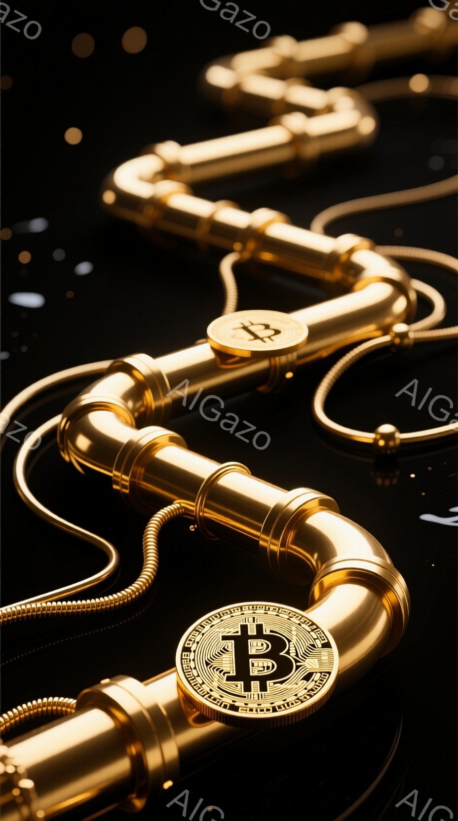 濃い黒色の背景に、金色のビットコインのパイプラインが複雑に絡み合って配置されています。パイプラインは、ビットコインのロゴが刻印された円盤と接続されており、高価で洗練された印象を与えます。全体的に、金融テクノロジーの進歩とデジタル資産の価値を象徴する、豪華で未来的な雰囲気です。