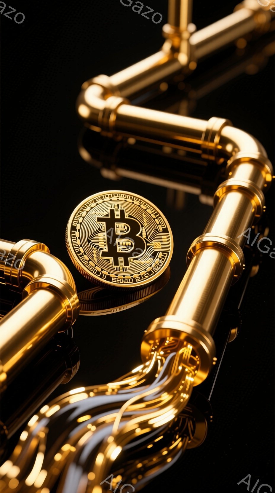 画像は暗い背景に金のビットコインとパイプが複雑に絡み合った様子を描いています。 金色のパイプは流線的な曲線を描き、ビットコインのコインはパイプの一部として組み込まれています。 全体的に、富、技術、そして未来的な接続性を暗示する、豪華でモダンな雰囲気を醸し出しています。