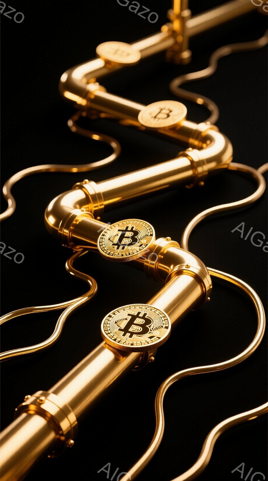 この画像は、金色の配管が複雑に絡み合い、各接続部にビットコインのロゴが埋め込まれた様子を捉えています。 配管は光沢があり、暗い背景とのコントラストが強く、高級感と未来的な印象を与えます。 全体的に、ビットコインとテクノロジーの融合を象徴するような、洗練された雰囲気です。