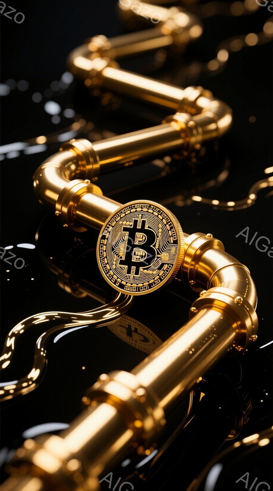 黄金色の配管が複雑に絡み合い、暗い背景に浮かび上がっています。配管の中心にはビットコインのロゴが刻印された金色のコインがあり、光沢に富んだ質感で描かれています。全体的に、未来的な産業空間を思わせる、洗練された雰囲気です。