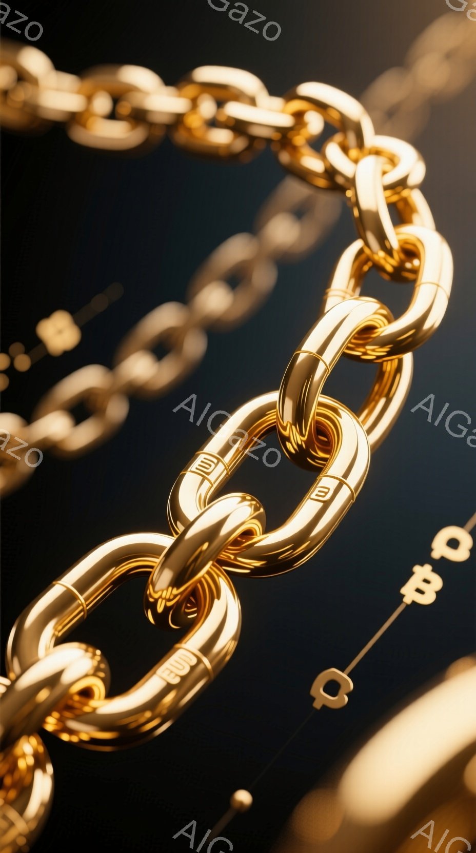 画像は、光沢のある金色のチェーンが特徴です。チェーンのリンクは精密に作られ、鮮やかな光沢を放っています。背景は暗く、チェーンの輝きを際立たせており、高級感と洗練された雰囲気を醸し出しています。 - AI生成フリー素材